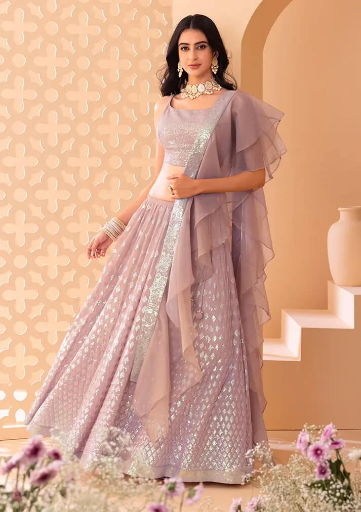 Mauve Pink Party Lehenga with Sequins & Ruffle Dupatta