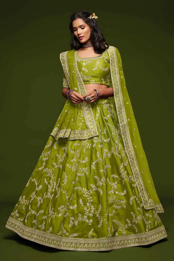 Neon Silk Lehenga with Thread, Zari & Sequins Work