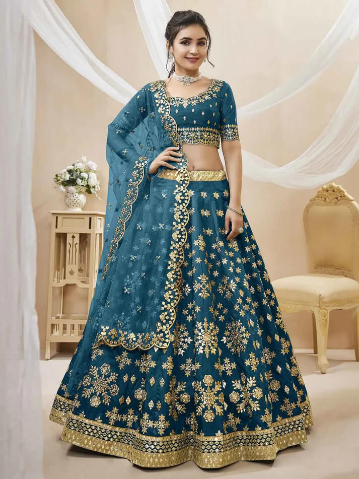 Teal Blue Art Silk Lehenga with Sequins & Zari Work