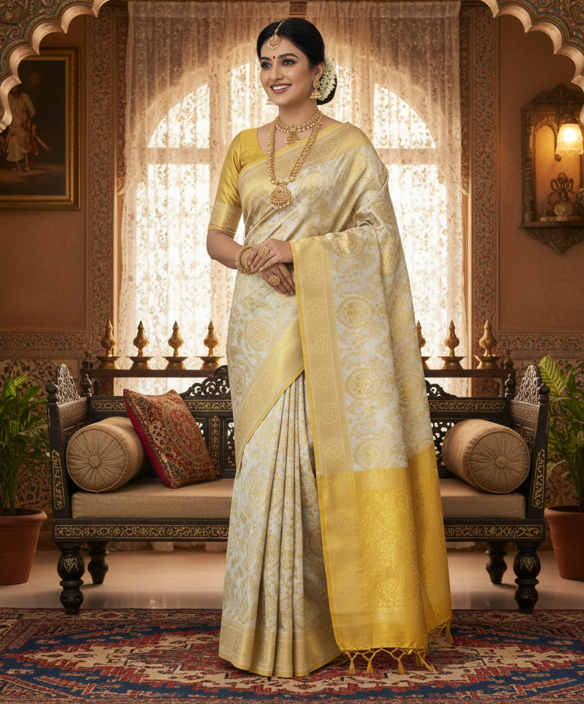 Ivory & Gold Kanchipuram Handloom Tissue Brocade Bridal Silk Saree