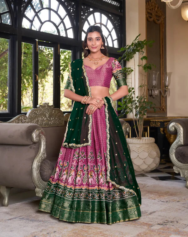 Pink Silk Lehenga with Vibrant Digital Print and Embroidery Detailing