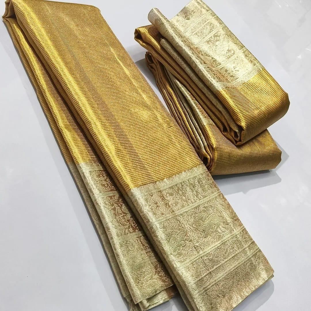 Ivory & Gold Kanchipuram Handloom Tissue Brocade Silk Meenakari Saree