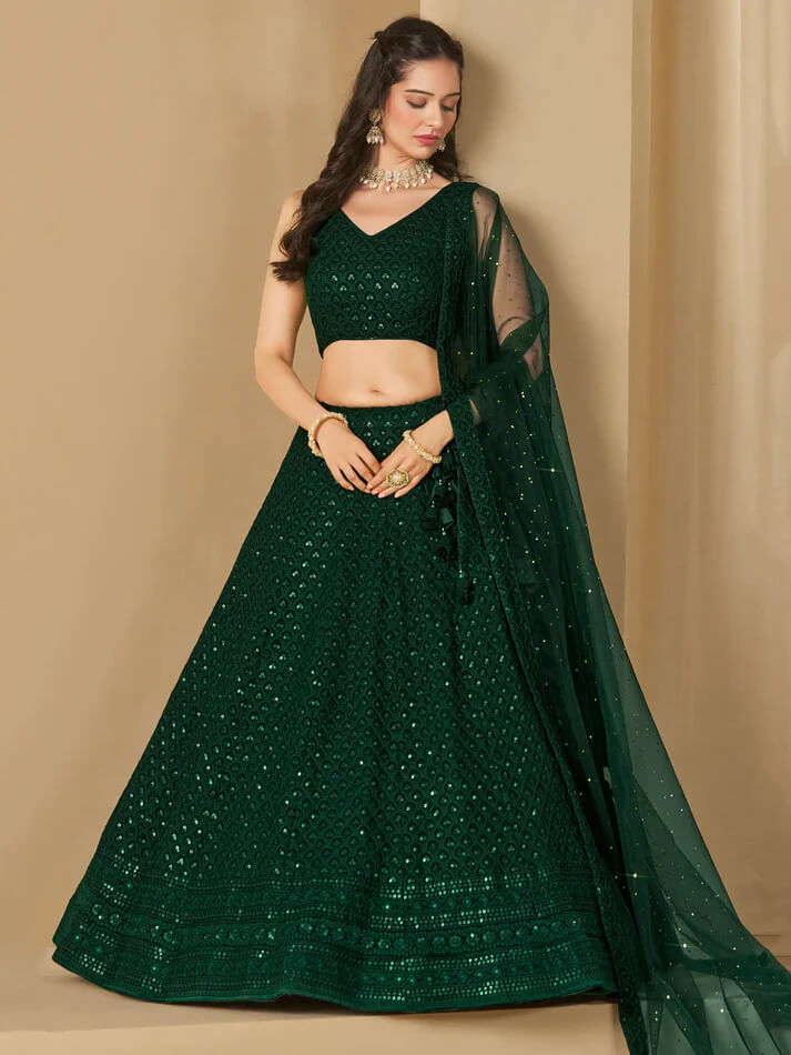 Dark Green Party Wear Lehenga with Sequins Embroidery