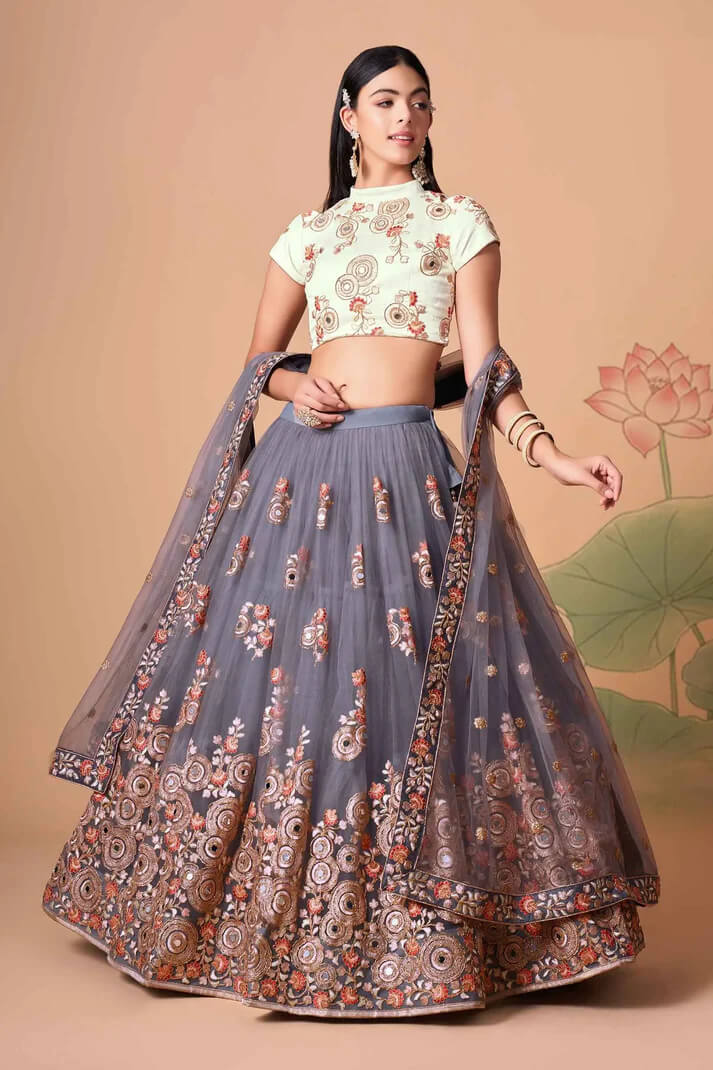 Grey Net Lehenga with Zari, Sequins & Mirror Work