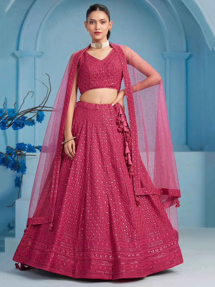 Rosy Pink Party Wear Lehenga with Sequins & Dupatta