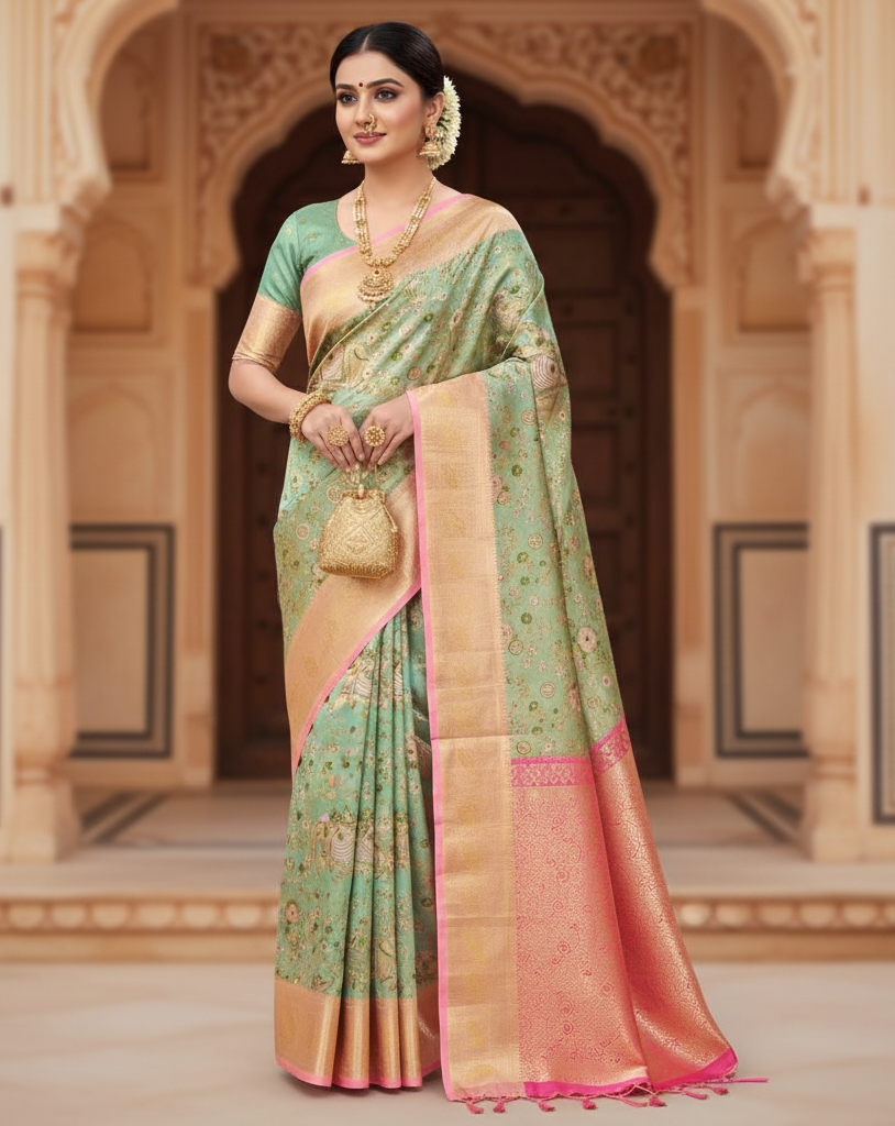 Pista Green Kanchipuram Handloom Tissue Brocade 4D Meenakari Silk Saree