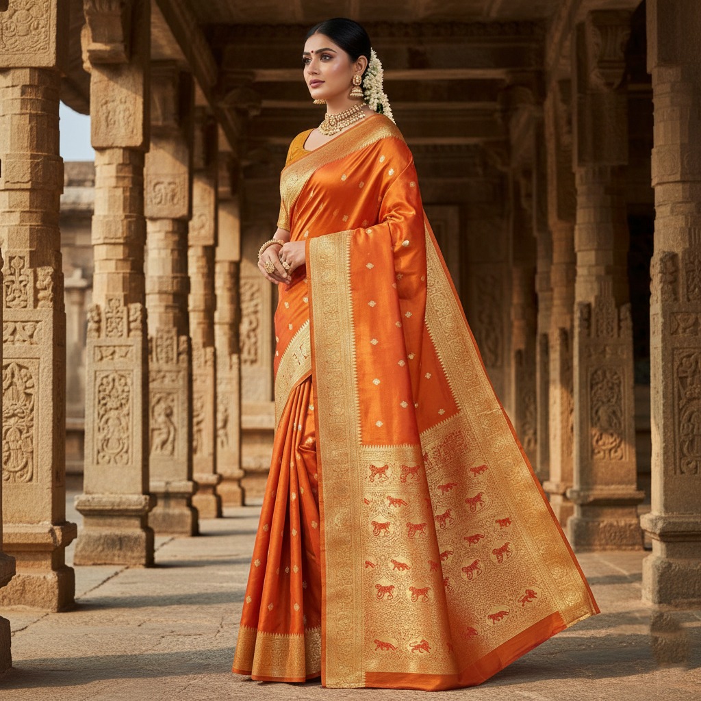 Orange Kanchipuram Handloom Tissue Brocade Silk Meenakari Saree