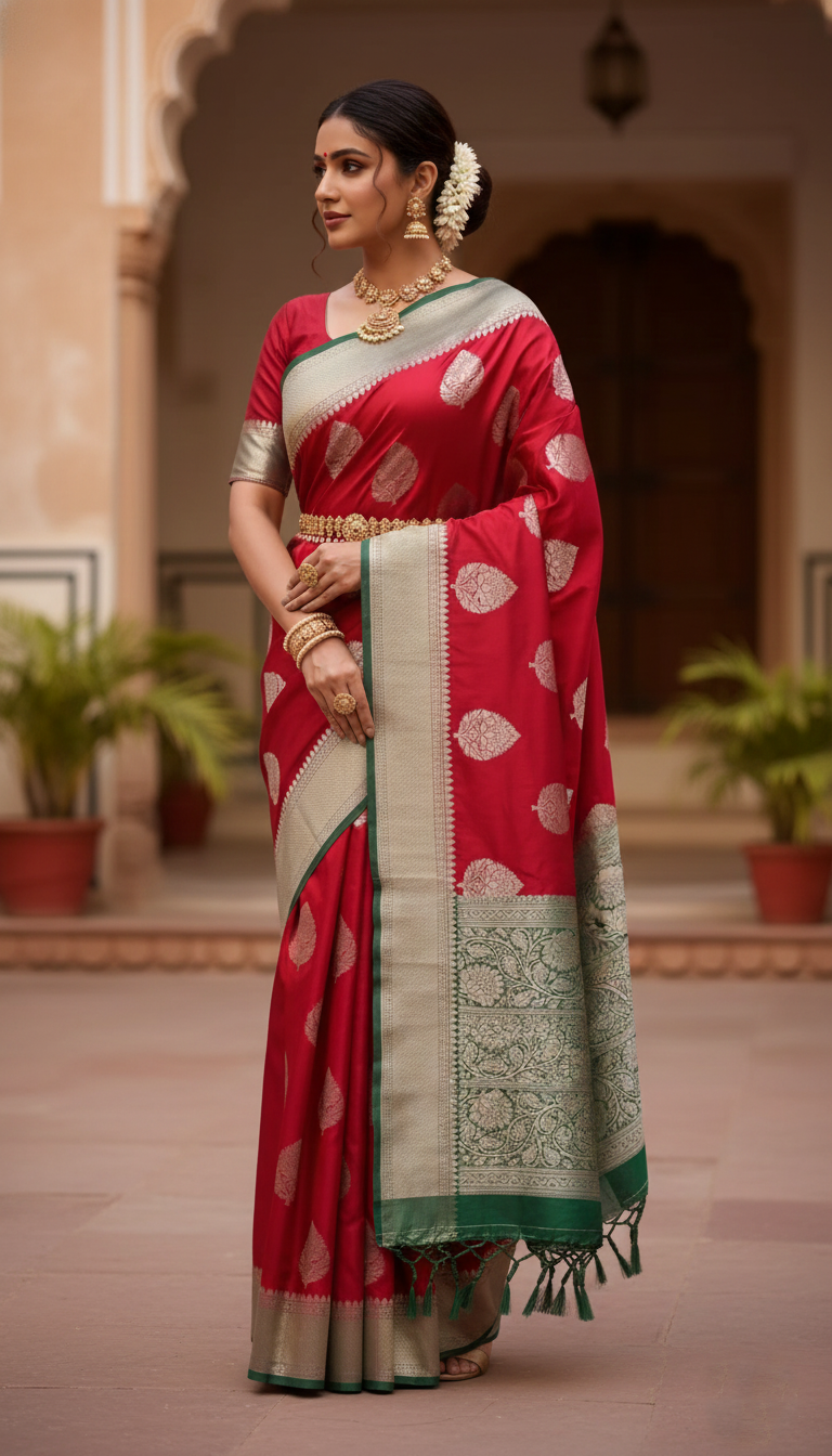 Red Banarasi Mashru Soft Silk Saree
