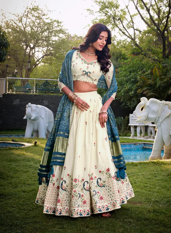 Designer Off White Khadi Lehenga with Navy Blue Gaji Silk Accent