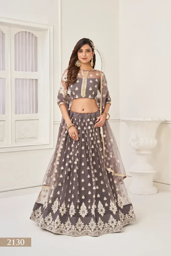 Space Grey Net Lehenga Choli with Cotton Thread & Sequins Work