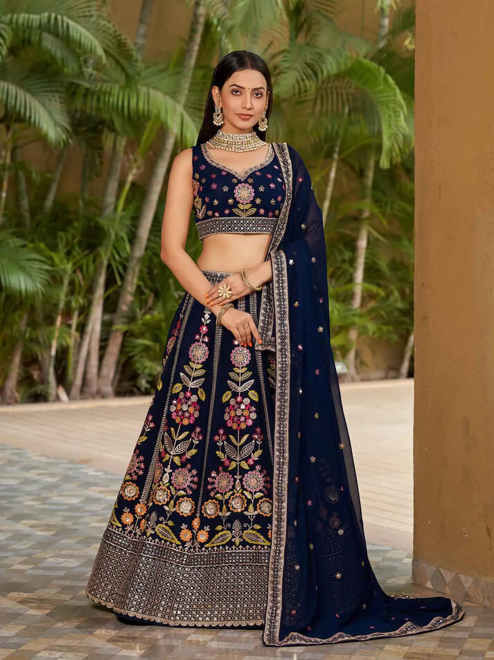 Navy Blue Georgette Lehenga with Thread & Zari Embroidery