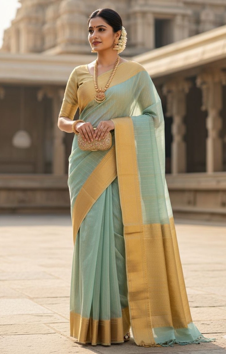 Pastel Green Chanderi Handloom Katan Silk Nakshi Saree
