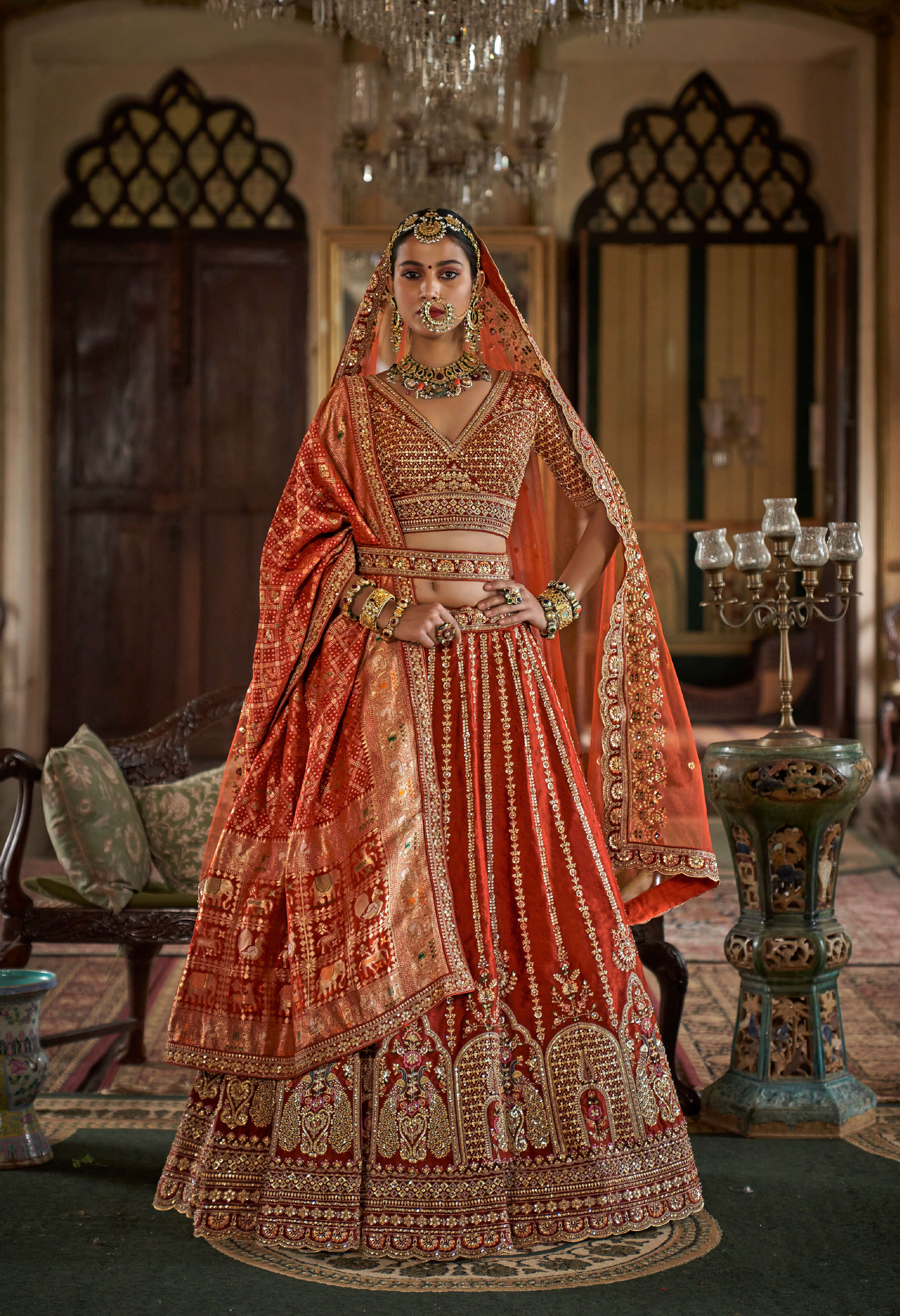 Elegant Bridal Tone Orange Silk Lehenga with Sequins & Thread Detailing