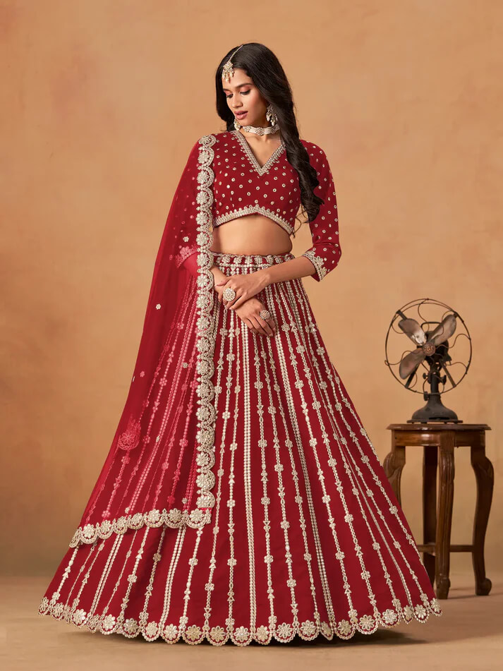 Red Art Silk Lehenga with Mirror & Embroidery Work