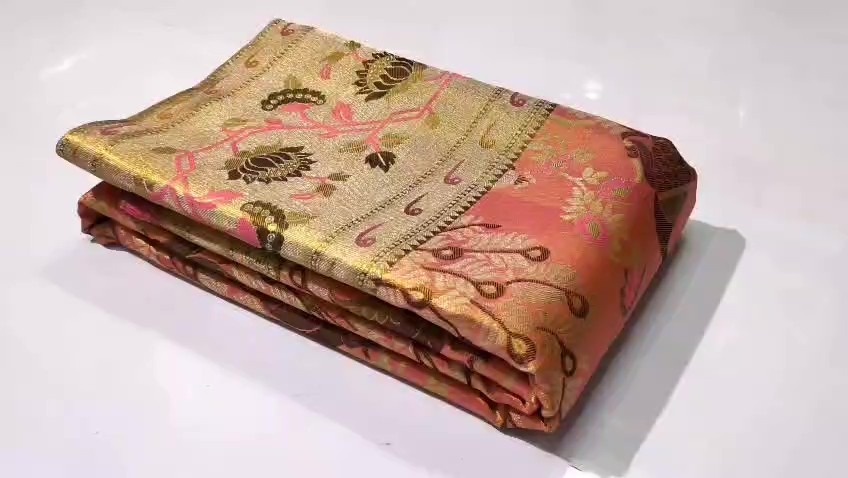 Peach Kanchipuram Handloom Tissue Brocade Paithani Silk Saree