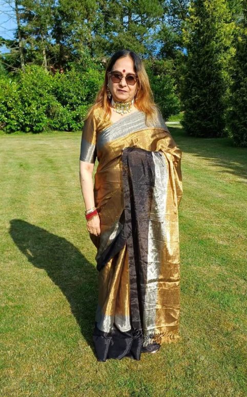 Gold, Silver & Black Chanderi Handloom Metallic Tissue Silk Contemporary Saree