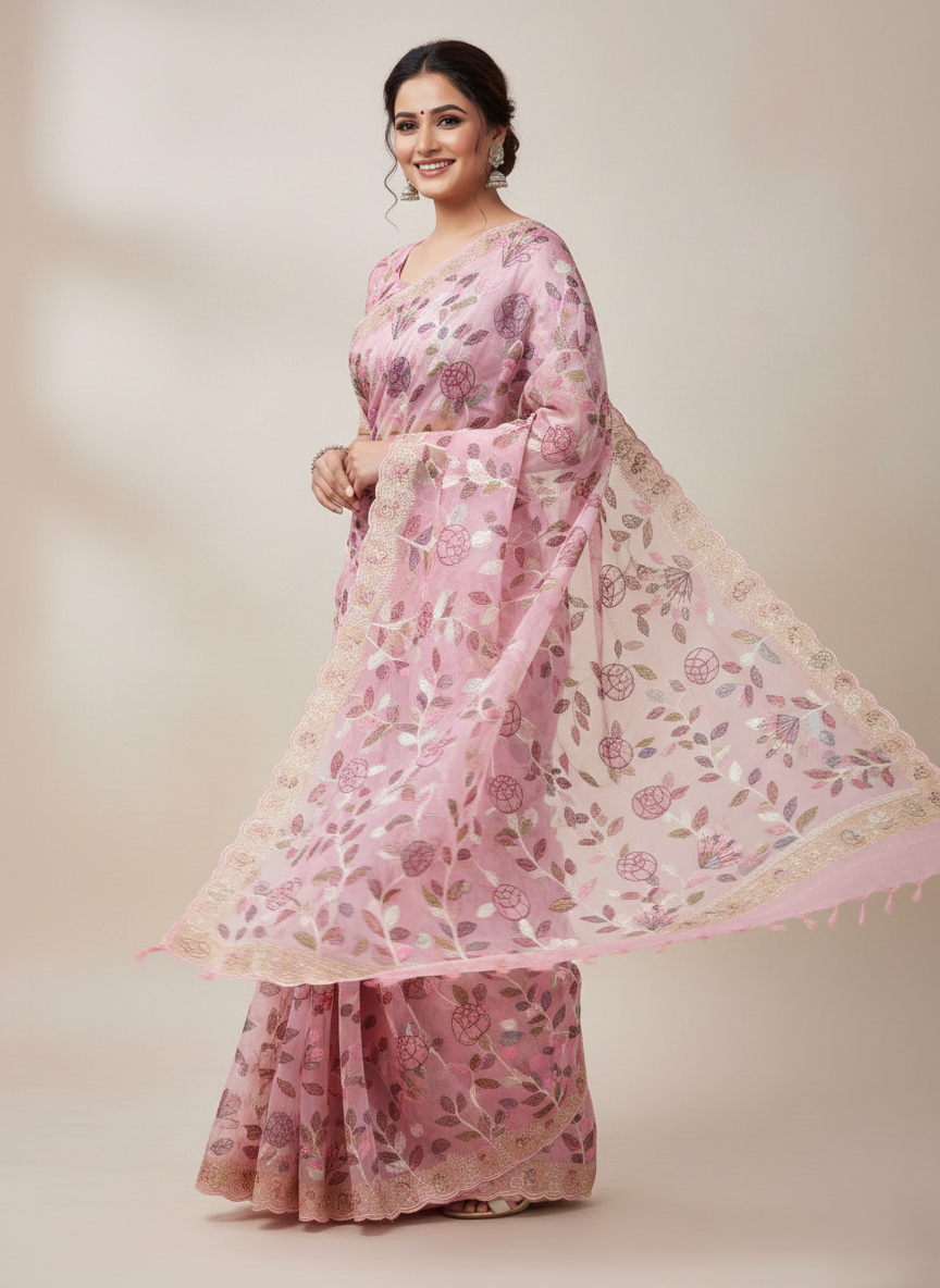 Baby Pink Banarasi Handloom Tissue Silk Paithani Embroidery Saree