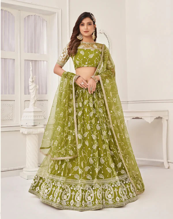 Olive Green Net Lehenga Choli with Zari & Sequin Embroidery