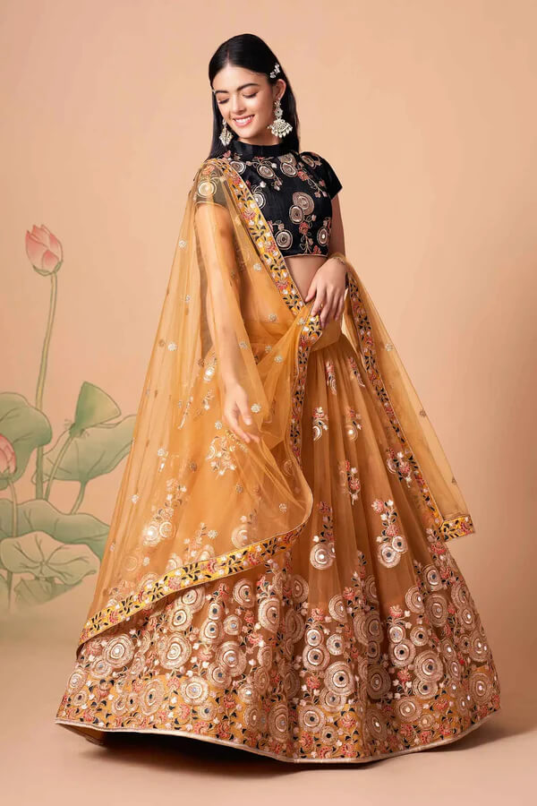 Golden Net Lehenga with Zari, Sequins & Mirror Work