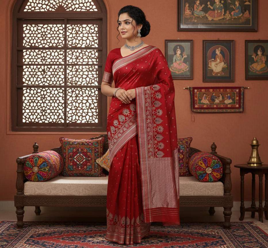 Rustic Red Chanderi Handloom Pattu Silk Meenakari Saree