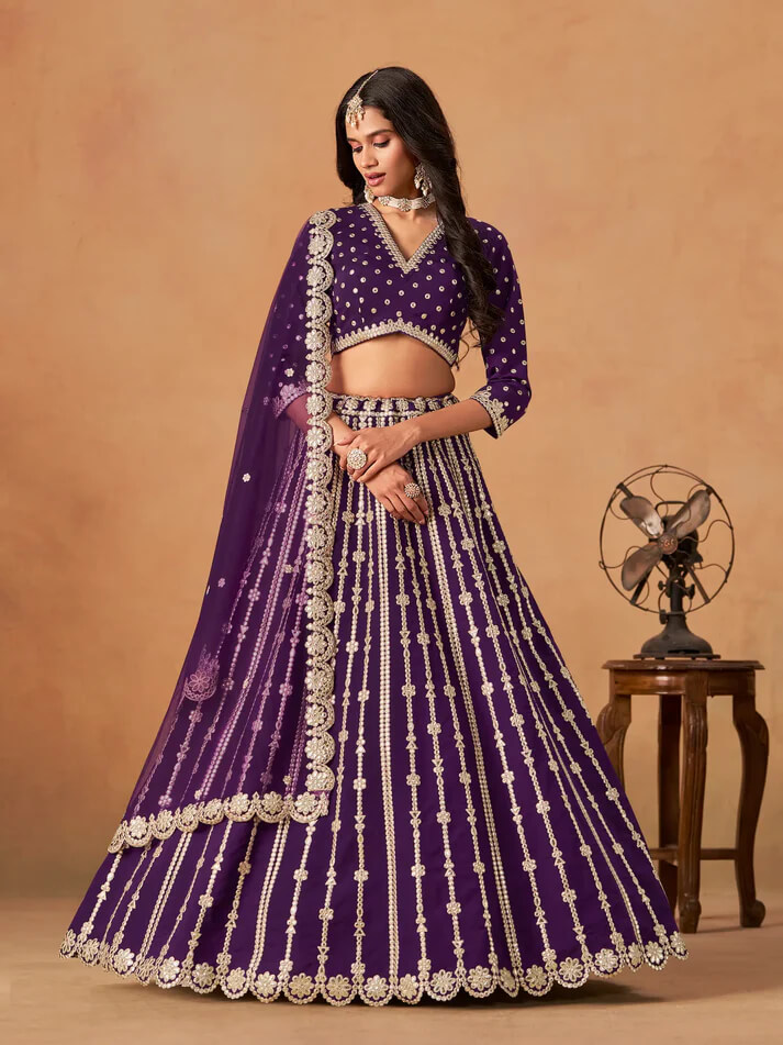 Purple Art Silk Lehenga with Mirror & Embroidery