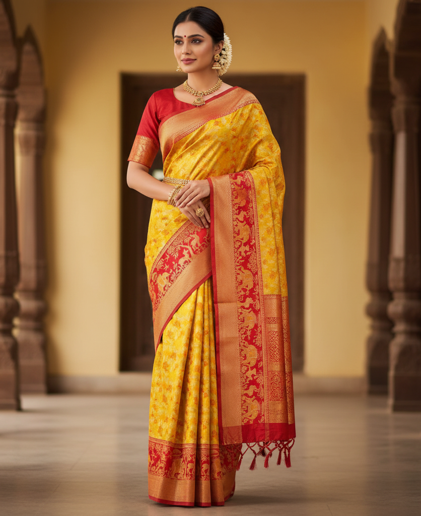 Golden Yellow Kanchipuram Handloom Tissue Brocade 1G Gold Bridal Saree