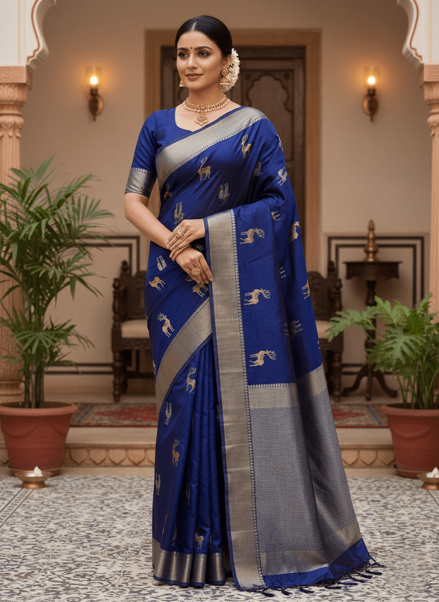 Dark Blue Chanderi Handloom Pattu Silk Sona Rupa Saree
