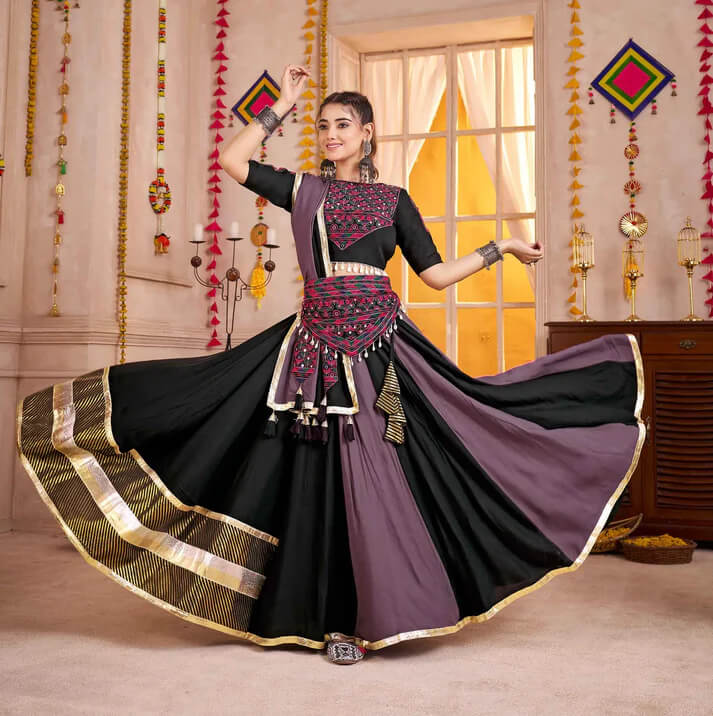 Multi Color Navratri Lehenga With Kutchi Mirror Work Choli With Waist Belt