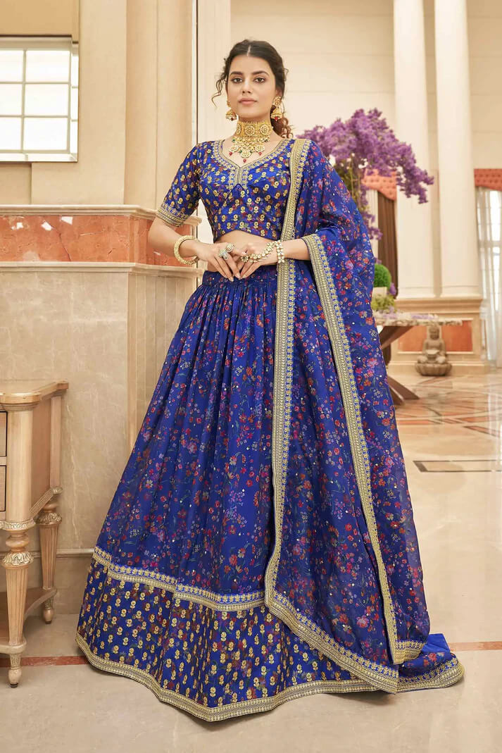 Blue Organza Floral Lehenga with Zari & Sequins Work