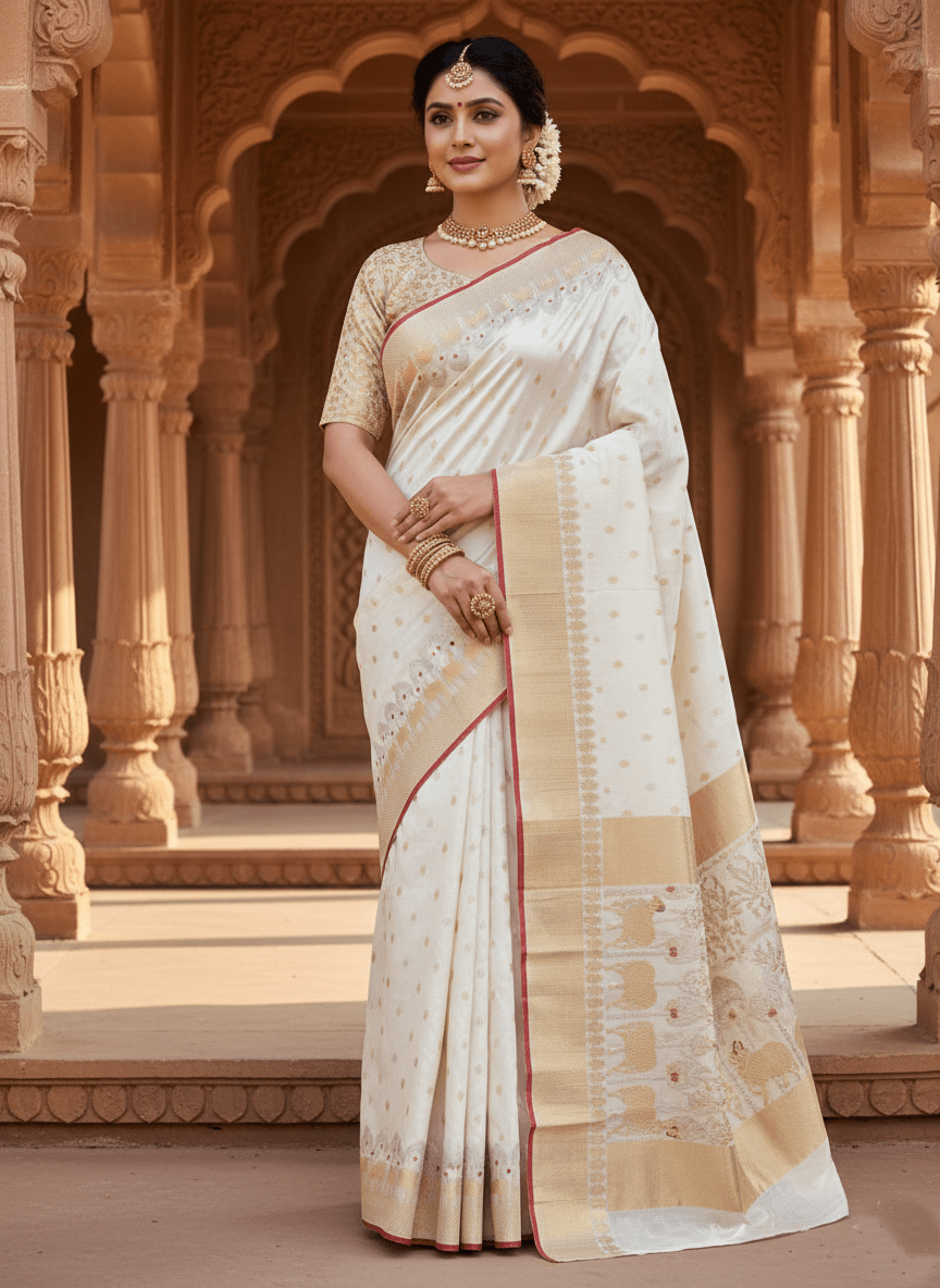 Pearl White Chanderi Handloom Pattu Silk Meenakari Saree
