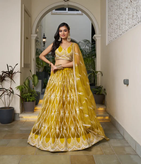 Mustard Net Lehenga Choli with Cotton Thread & Sequins Work