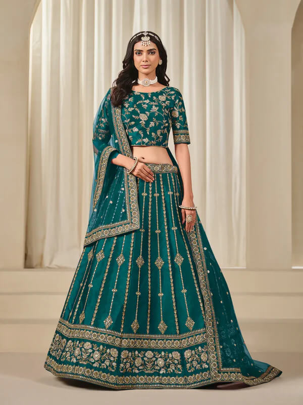 Designer Teal Green Art Silk Embroidered Lehenga