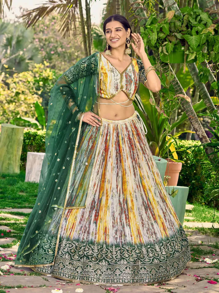 Designer Green Lehenga with Sequins, Zari & Digital Print