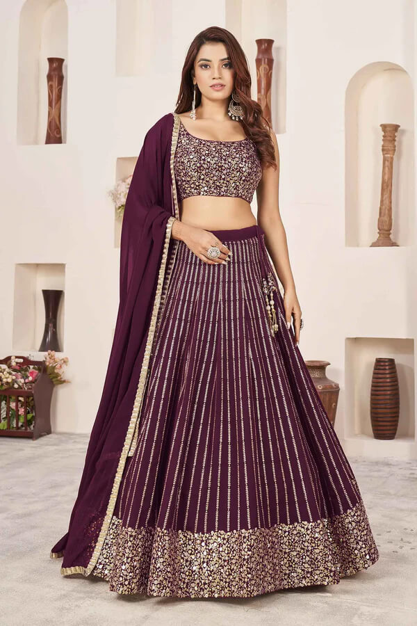 Wine Georgette Lehenga with Sequins & Zari Work