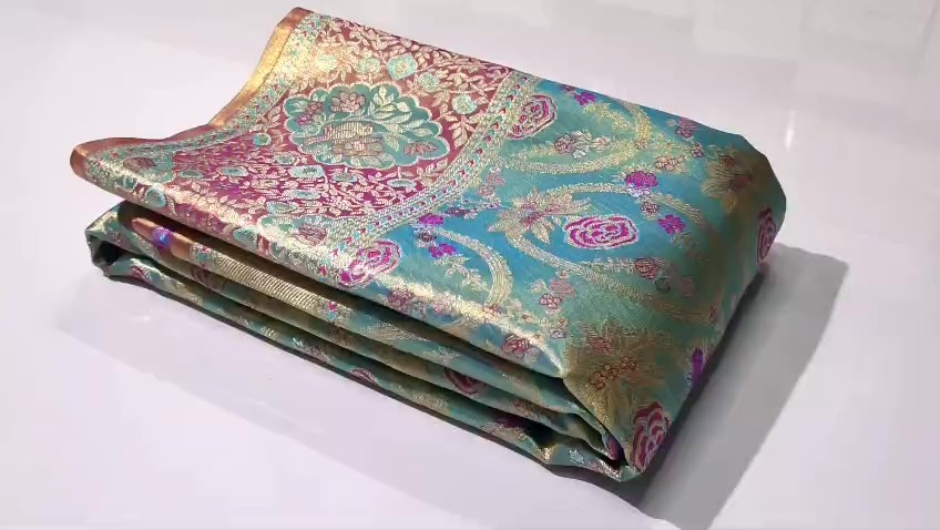 Turquoise Kanchipuram Handloom Tissue Brocade Meenakari Silk Saree