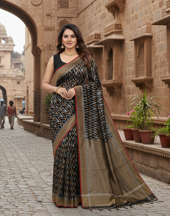 Black Chanderi Handloom Pattu Silk Handwork Saree