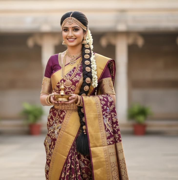 Wine Kanchipuram Handloom Tissue Brocade 1G Gold Bridal Saree