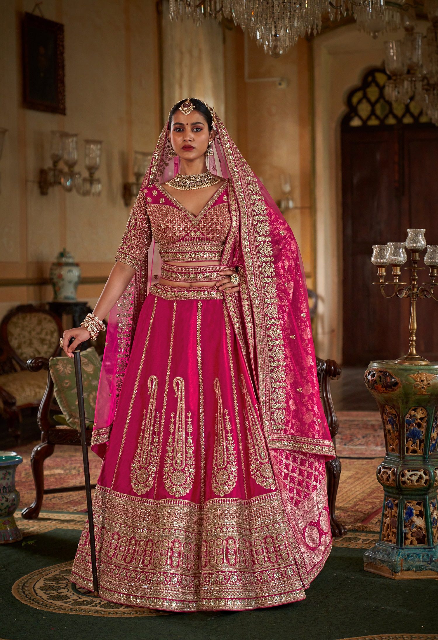 Pink Bridal Lehenga with Heavy Embroidery & Pearl Work