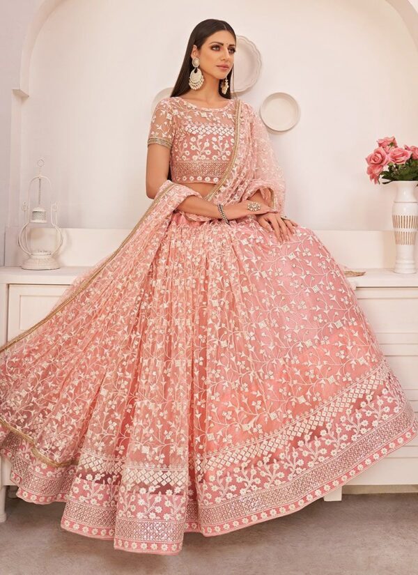 Pastel Pink Designer Embroidered Bridal Lehenga Choli Set in Soft Net