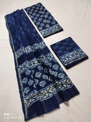 Indigo Collection- Chanderi Pure Handloom Block Printed 3 Pcs Cotton Silk Suits with Gold Zari