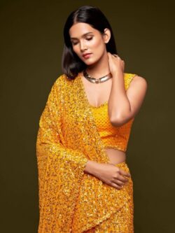 Yellow Thread and Multiple Sequins Embroidered Georgette Designer Saree