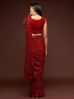 Ruby Red Thread and Multiple Sequins Embroidered Georgette Designer Saree