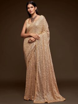 Ivory Thread and Multiple Sequins Embroidered Georgette Designer Saree