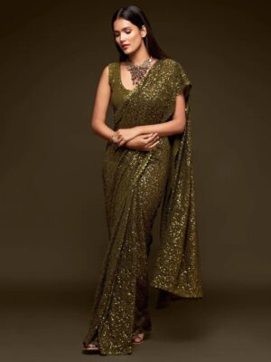 Olive Green Thread and Multiple Sequins Embroidered Georgette Designer Saree