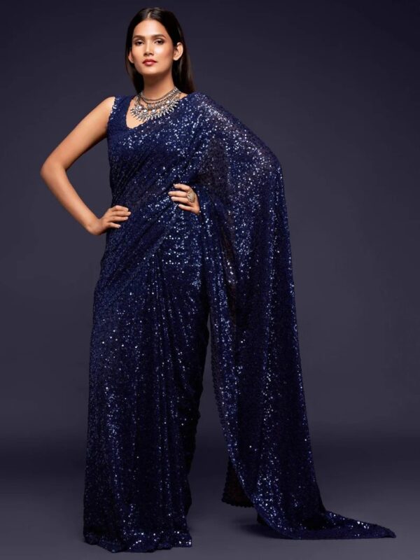 Navy Blue Thread and Multiple Sequins Embroidered Georgette Designer Saree