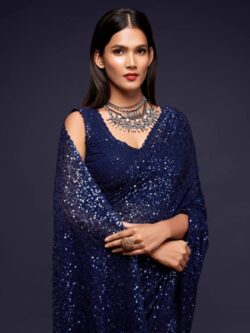Navy Blue Thread and Multiple Sequins Embroidered Georgette Designer Saree