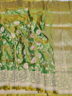 Dual Tone Green Banarasi Pure Handloom Pure Khaddi Katan Silk Saree with Cutwork Weaving