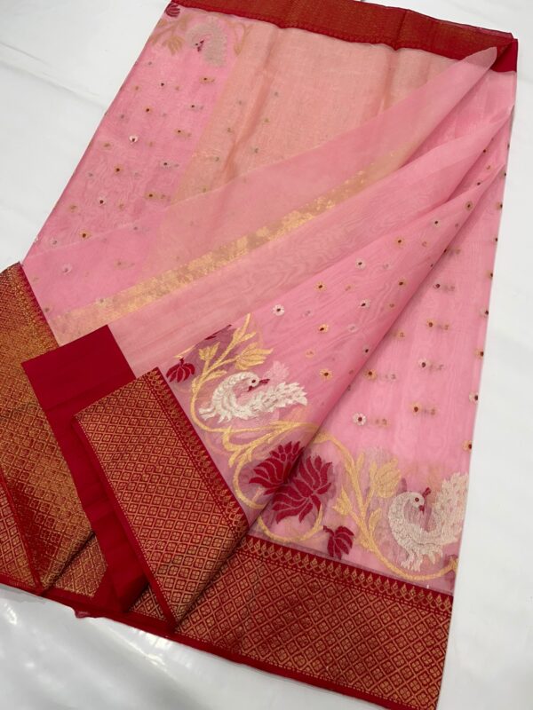 Pink and Red Chanderi Pure Handloom Pure Katan Silk Saree with Meenakari Buttas and Handwork Borders