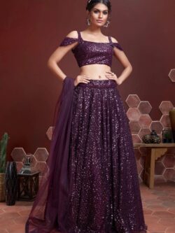Purple Designer Thread and Sequins Embroidery Soft Net Lehenga Choli Set