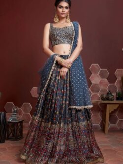 Teal Blue Designer Embroidered Lehenga Choli Set in Chinnon Silk and Soft Net